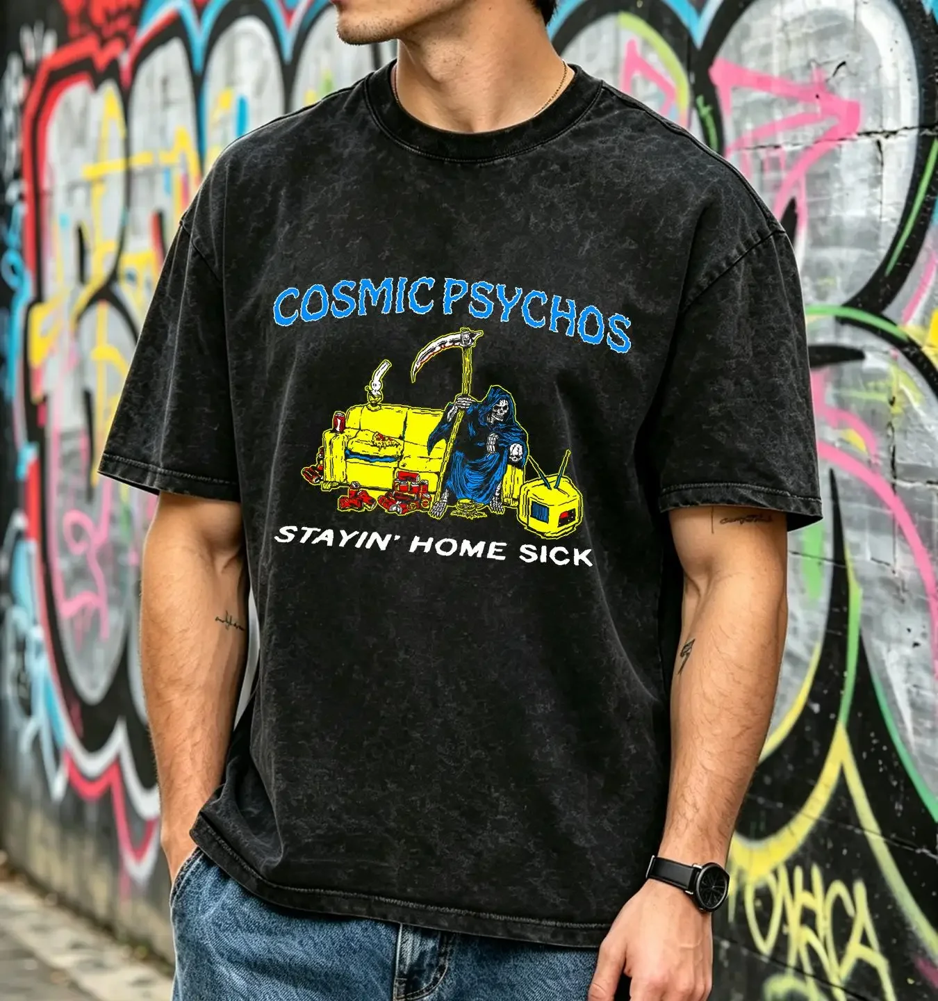 washed T Shirt Cosmic Psychos band rock stay home sick black S 5Xl Q1675 long or short sleeves vintage Washed streetwear