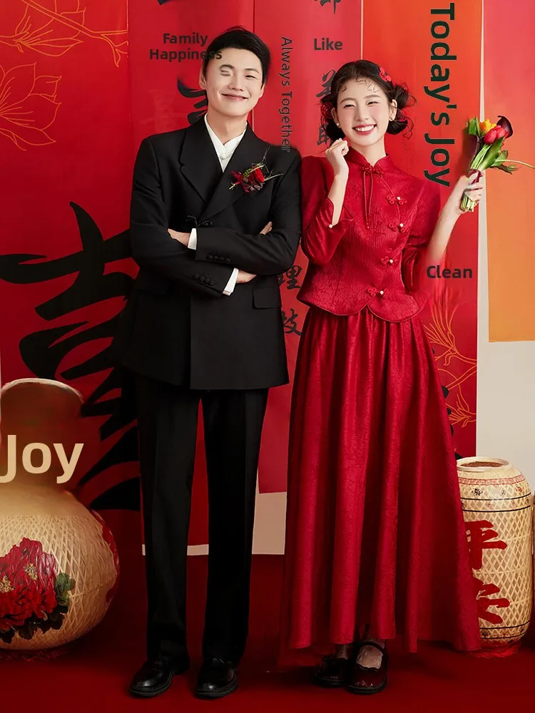 

Red Wedding Qipao Suit Long Sve New Chinese Sle Bride Dr for Engagement Par Wedding Ceremony Autumn Online Exclusive