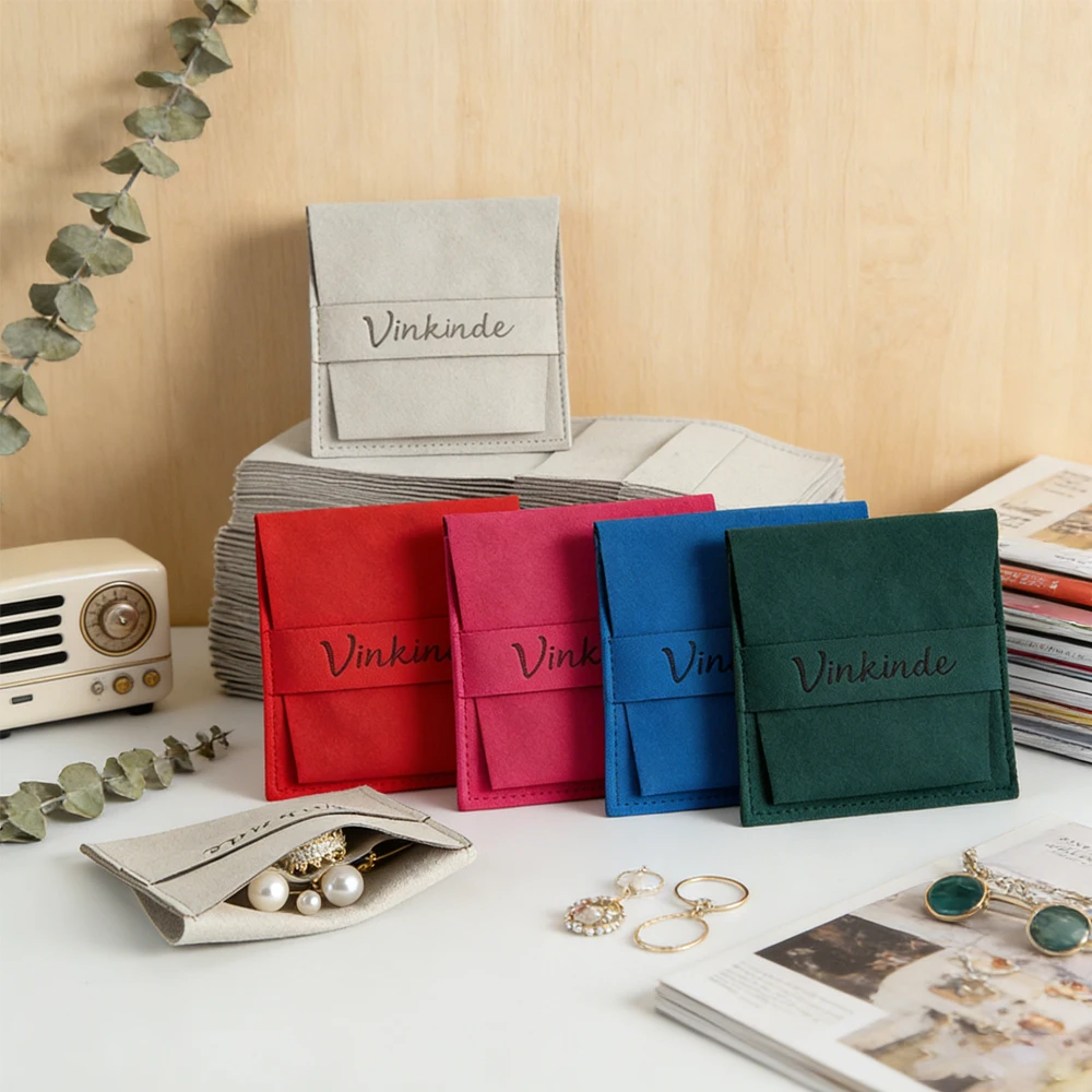 

50pack Luxury Personalized Logo Suede Flap Jewelry Pouch With Compartment Boutique Ring Earrings Seperately Protect Storage Sack