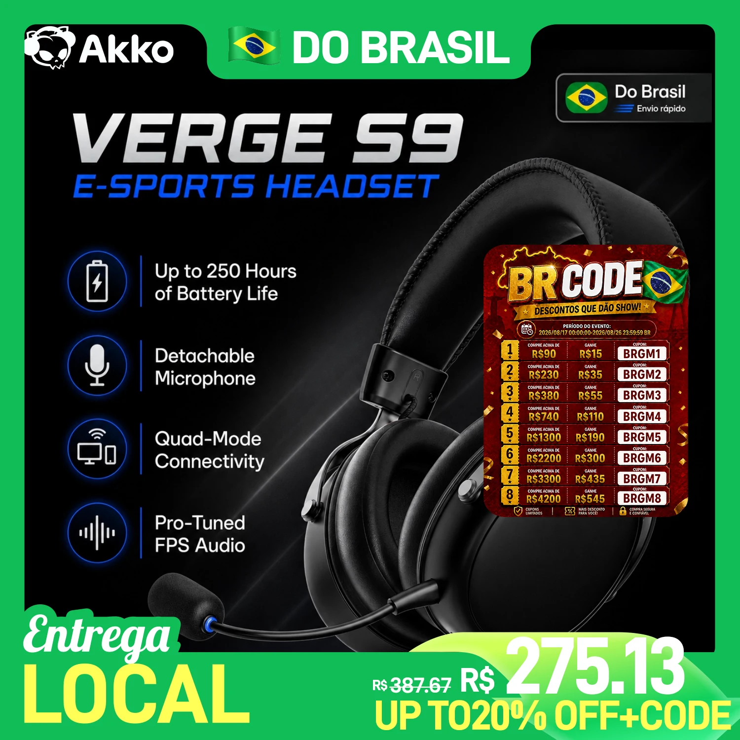 Fone de Ouvido AKKO VERGE S9 Ultra com Microfone, Som Surround Virtual 7.1, Modo Quádruplo, Acessórios para Jogos de PC e E-sports