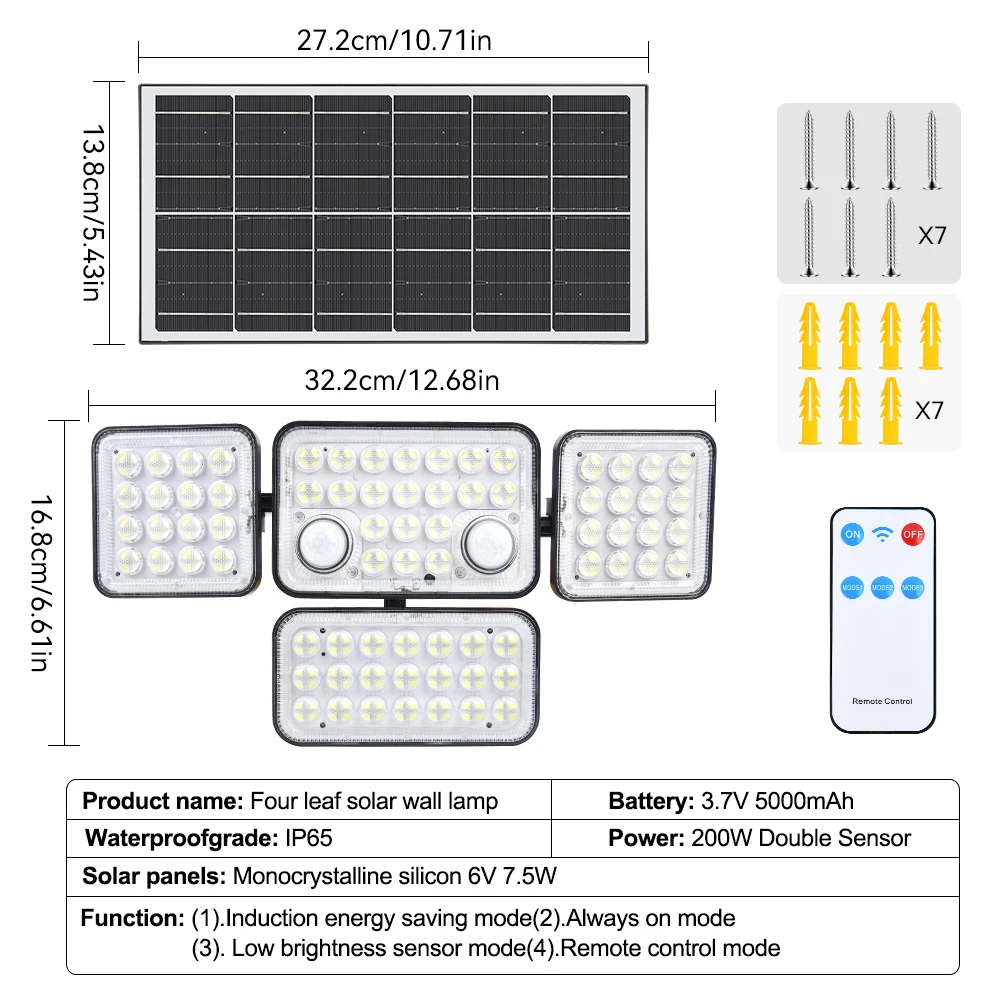2 Stück 234LED Solar-Wandleuchte IP65 Wasserdicht Bewegungssensor Flutlicht Außen Split Sicherheitsbeleuchtung Lampe für Terrasse, Hof, Garage – Detail 19