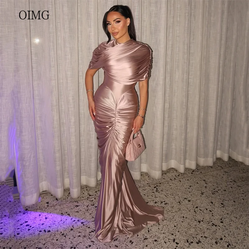 

OIMG Chic Satin High Neck Mermaid Prom Gowns Bodycon Party Gown Floor Length Evening Dress vestidos de noche Customized