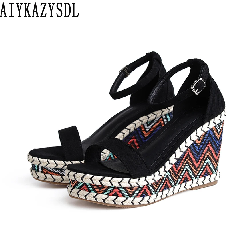 

AIYKAZYSDL Rome Gladiator Sandals Vintage Flat Platform Wedge High Heel Strap Sandals Boho Bohemia Shoes Thick Sole Ethic Shoes