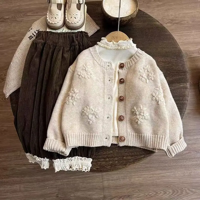 Girls Sweater Jacket Spring and Autumn 2026 New Children Knitted Cardigan Baby Girls Forest Style Three Piece Set for Girls
