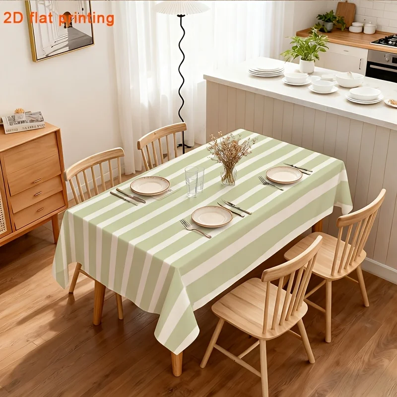 Soft, fashionable and beautiful light green and white vertical stripes tablecloth, machine washable and easy to clean