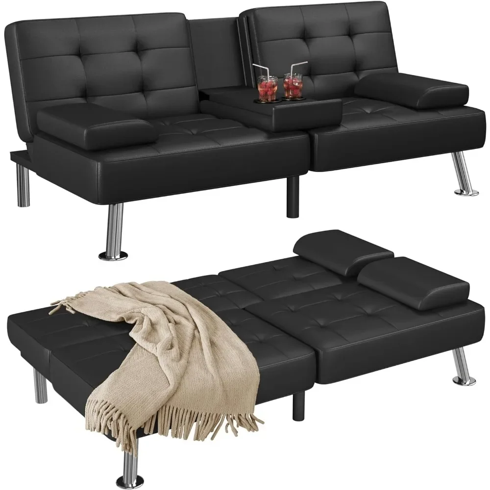 Bed Sleeper Couch for Living Room Faux Leather Upholstered Loveseat w/Removable Armrests, Metal Legs, 2 Cup Holders, Black