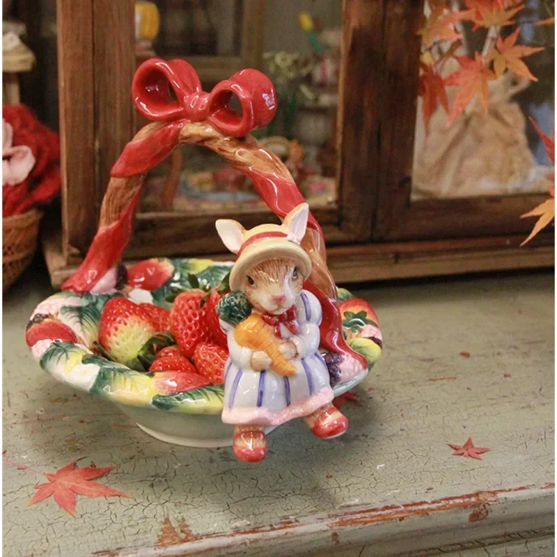 

Vintage Ceramic Fruit Basket Red Ribbon Basket Snack Plate Strawberry Rabbit Dessert Plate Underglaze Color Candy Tray