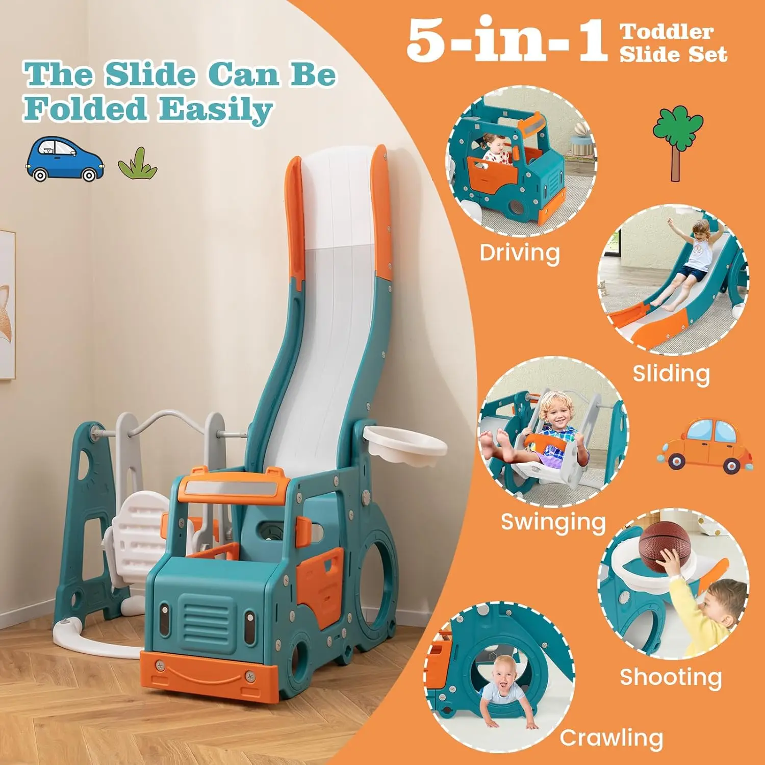 Ensemble toboggan et balançoire pour tout-petits 6 en 1, ensemble de jeu pour bus intérieur et extérieur avec balançoire pour bébé, panier de basket-ball, tunnel rampant, escalade pour enfants