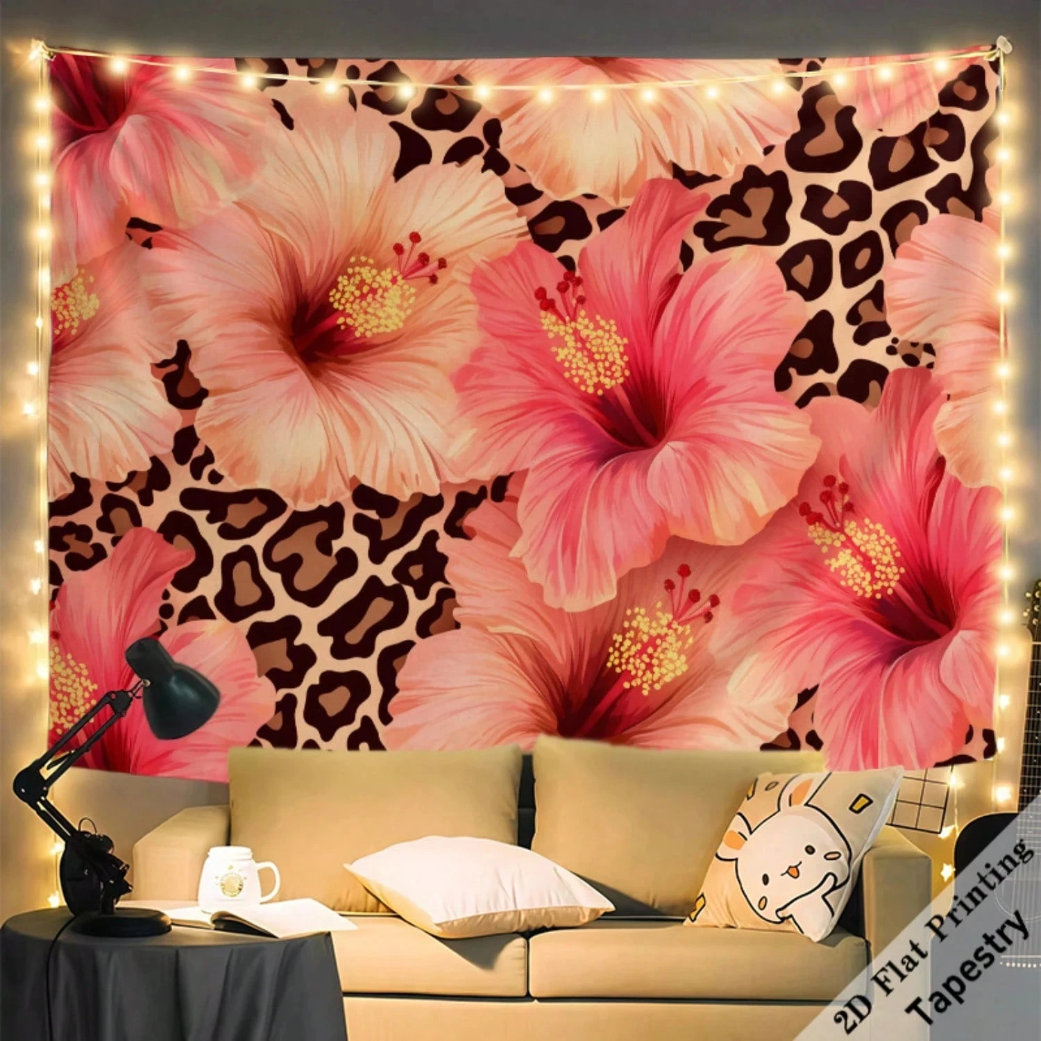 1pc Pink Hibiscus Leopard Print Tapestry Floral Animal Wall Hanging Cool Room Stuff Large Size Polyester 2d Print
