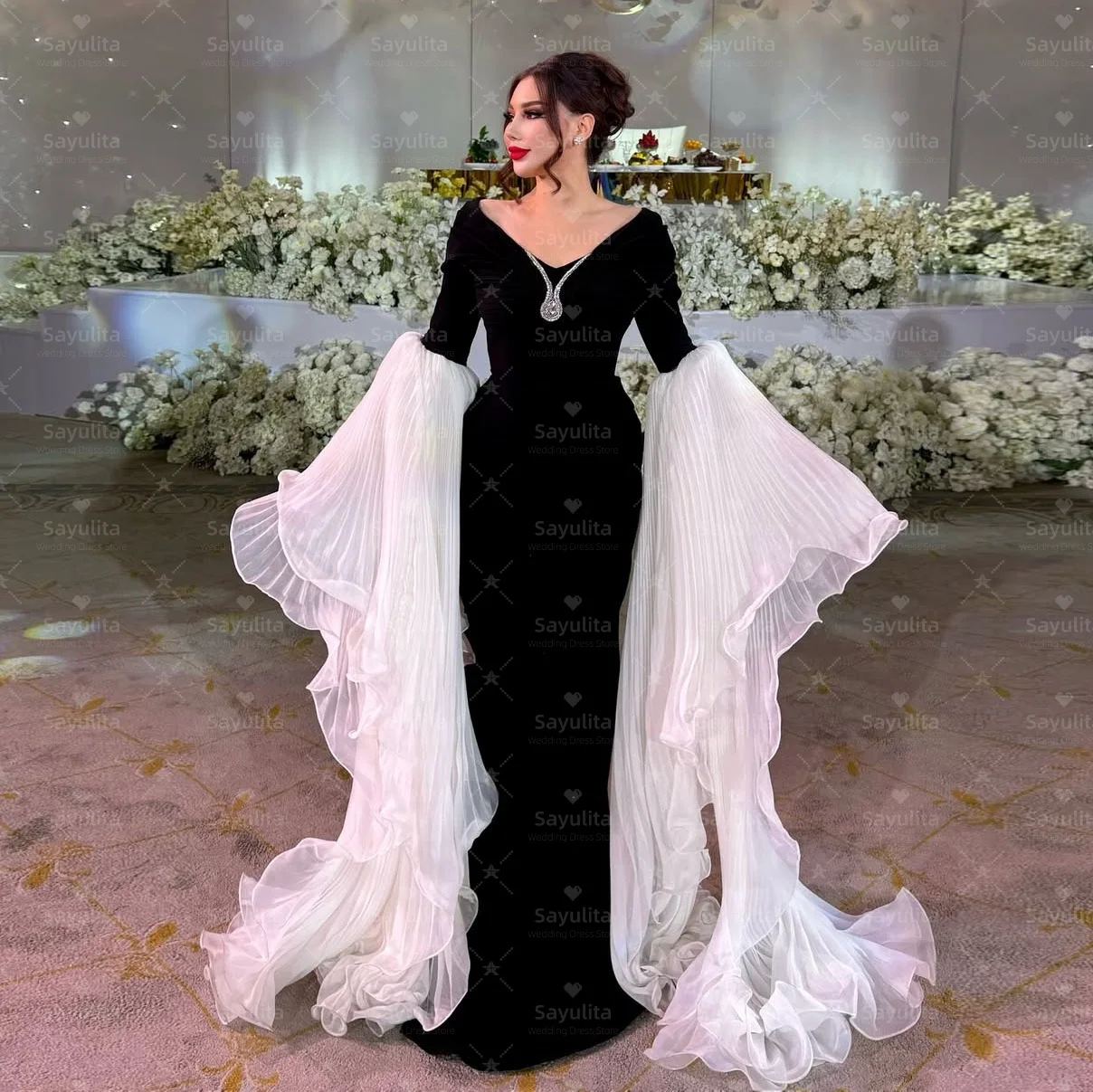 Sayulita Generous Prom Dresses Off Shoulder Pleats Long Sleeves Evening Gowns Saudi Women Special Party Dress Customized