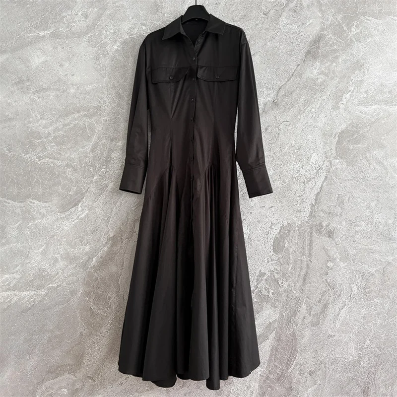 Vestidos femininos novo único breasted fino ajuste lapela vestido longo para o verão 2025 alta qualidade camisa de algodão puro vestido midi vestidos