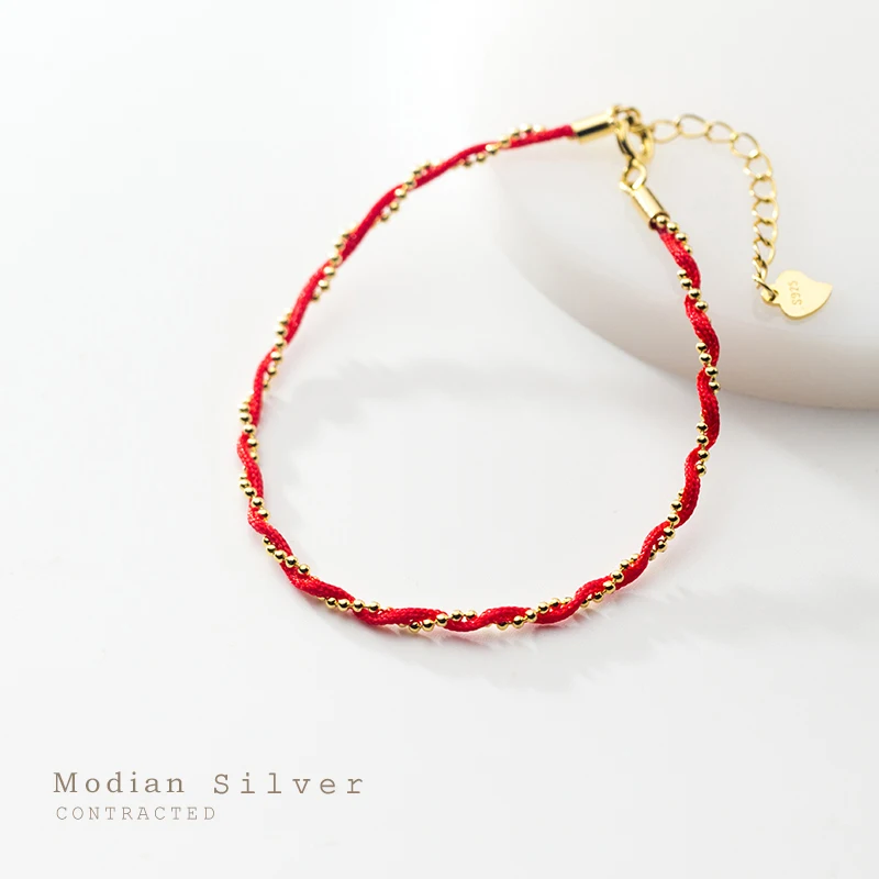 Modian Red Rope Beads Bracelet for Women Fashion Pure 925 Sterling Silver Adjustable Geometric Link Chain Bracelet Fine Jewelry