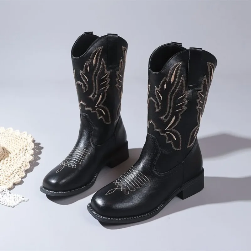 Women Mid-Calf Boots Retro Embroidered Western Cowboy Boot V-notch Design Knight Boots for Women Square Head Leather Casual Boot