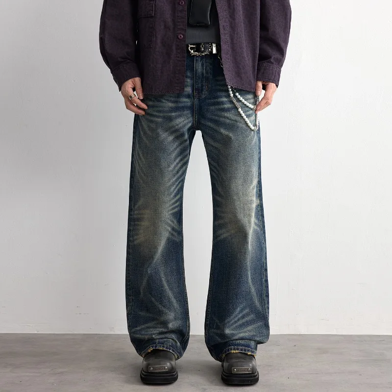 

New Men's Baggy Jeans American Casual Radial Wash Vintage Denim Pants Distressed Wide Leg High Street Style Trousers