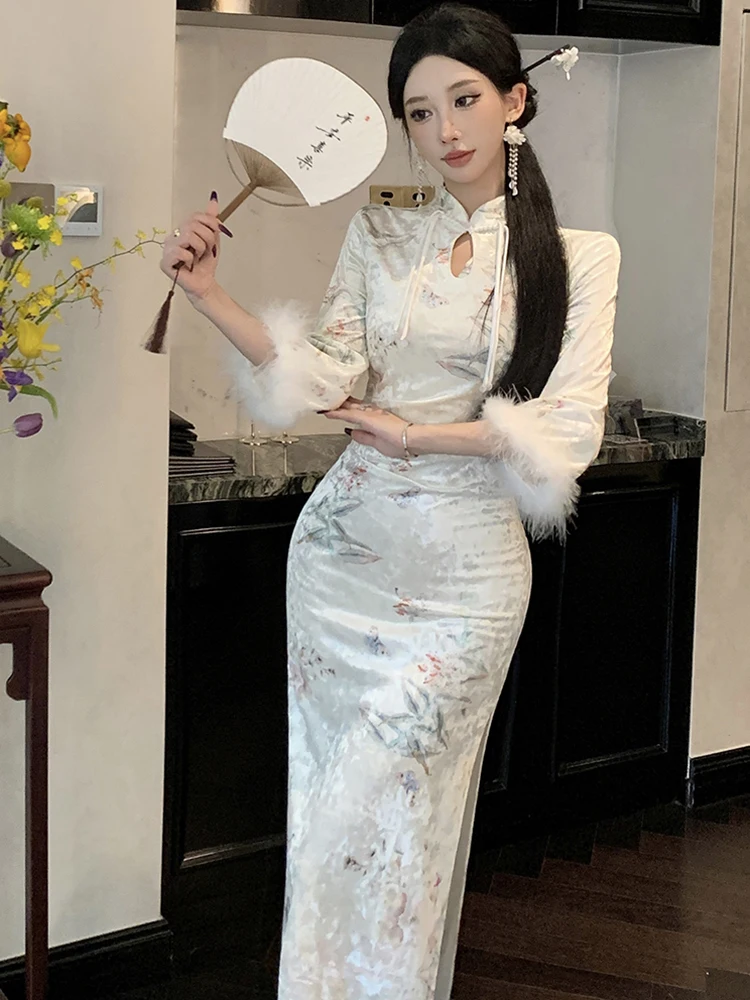 2023 Floral Samt Satin Stehkragen Langes Kleid Frauen Koreanische Elegante Luxus Festival Kleid Herbst Winter Bodycon Abendkleid