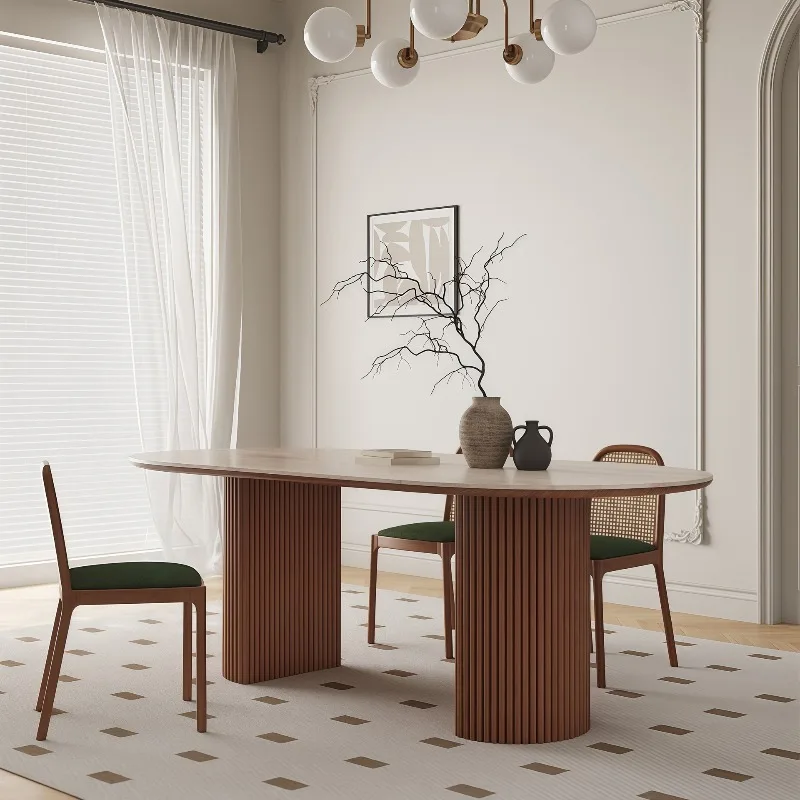 French vintage style solid wood dining table, travertine sintered stone oval home use horizontal hall travertine sintered stone