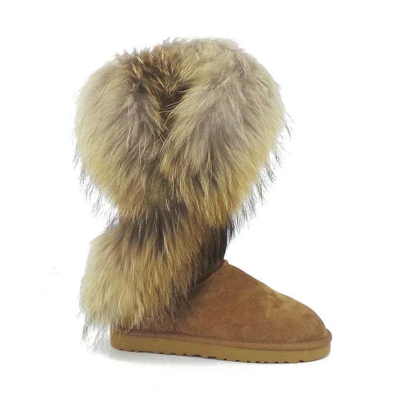 New Fashion Natural Fox Fur Snow Boots Women Warm Non-slip Winter Long Boots Genuine Cow Leather Winter Boots High Shoes