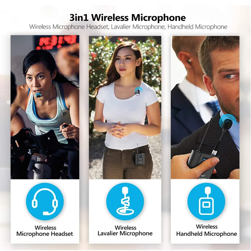 3-in-1 dynamisches kabelloses UHF-Mikrofon-Set/Revers/Handheld, 25 UHF-Kanäle, 50 m Reichweite, leicht und tragbar