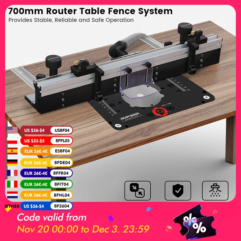

ENJOYWOOD 700mm Woodworking Router Table Fence Aluminium Alloy Profile Fence with 300mm T-track Sliding Brackets Bit Guard