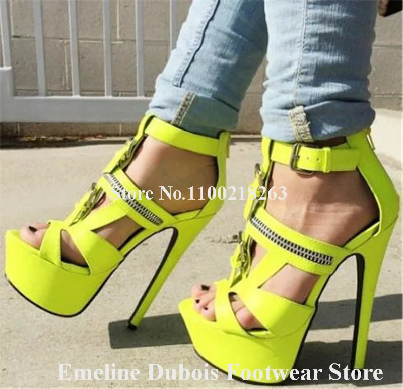 Yellow Platform Sandals Emeline Dubois Open Toe Zipper Buckles Decorated Stiletto Heel Gladiator Sandals Party Dress Heels