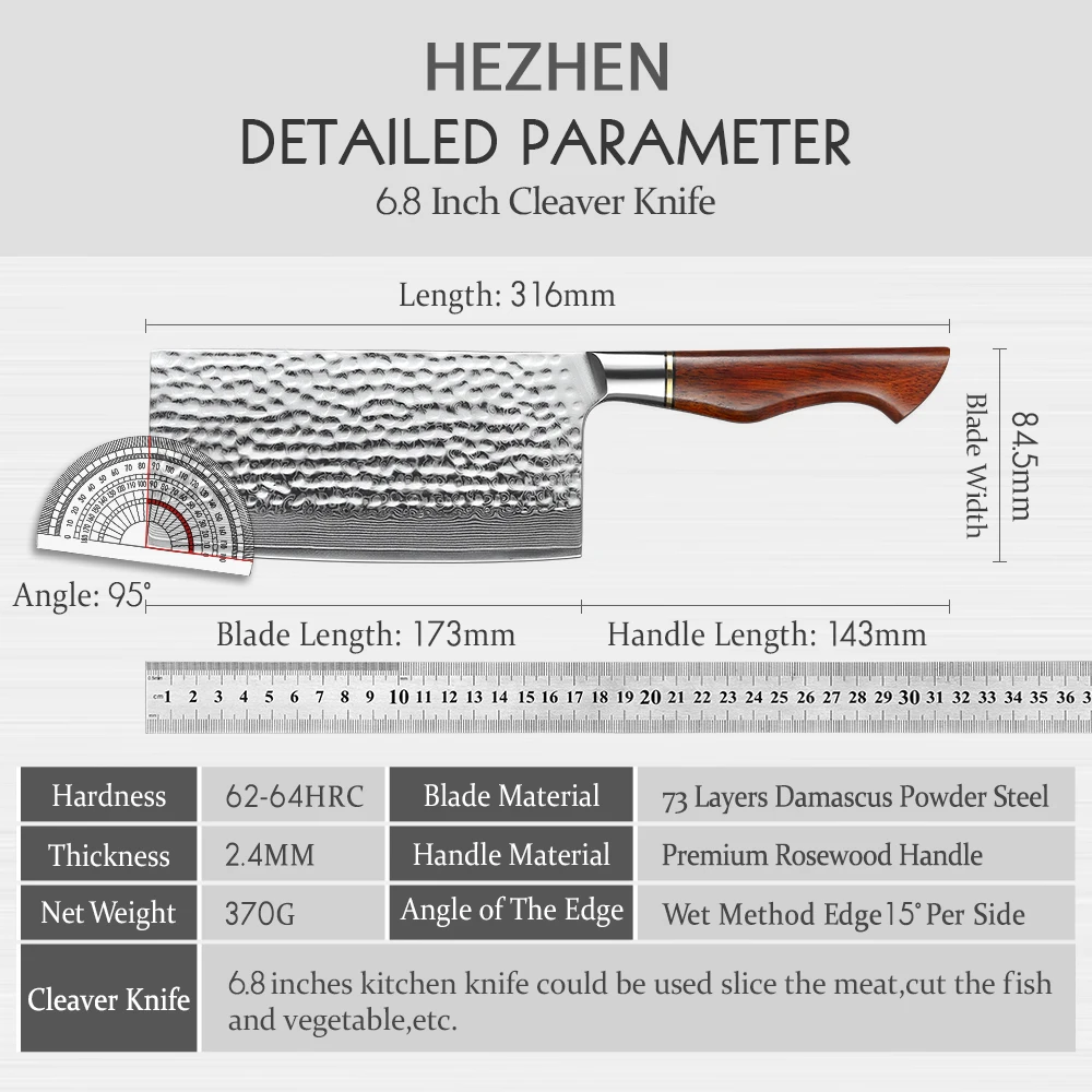 HEZHEN 6.8 Inches Cleaver Knife 73 Layers Powder Steel Damascus Steel 14Cr14MoVNb Steel Core Kitchen Slice Knives For Meat