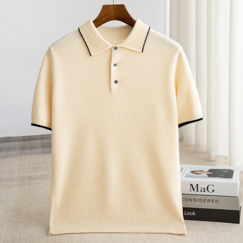 Camiseta de lana merina de 100% para hombre, jersey de manga corta con cuello POLO, suéter informal de negocios tejido a la moda para Primavera/otoño 2025