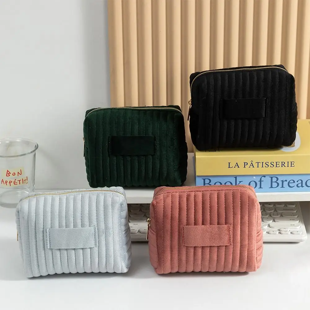 Portable Velvet Makeup Bag Soft Touch Large Capacity Cosmetic Bag Striped Quilting Toiletry Bag Home