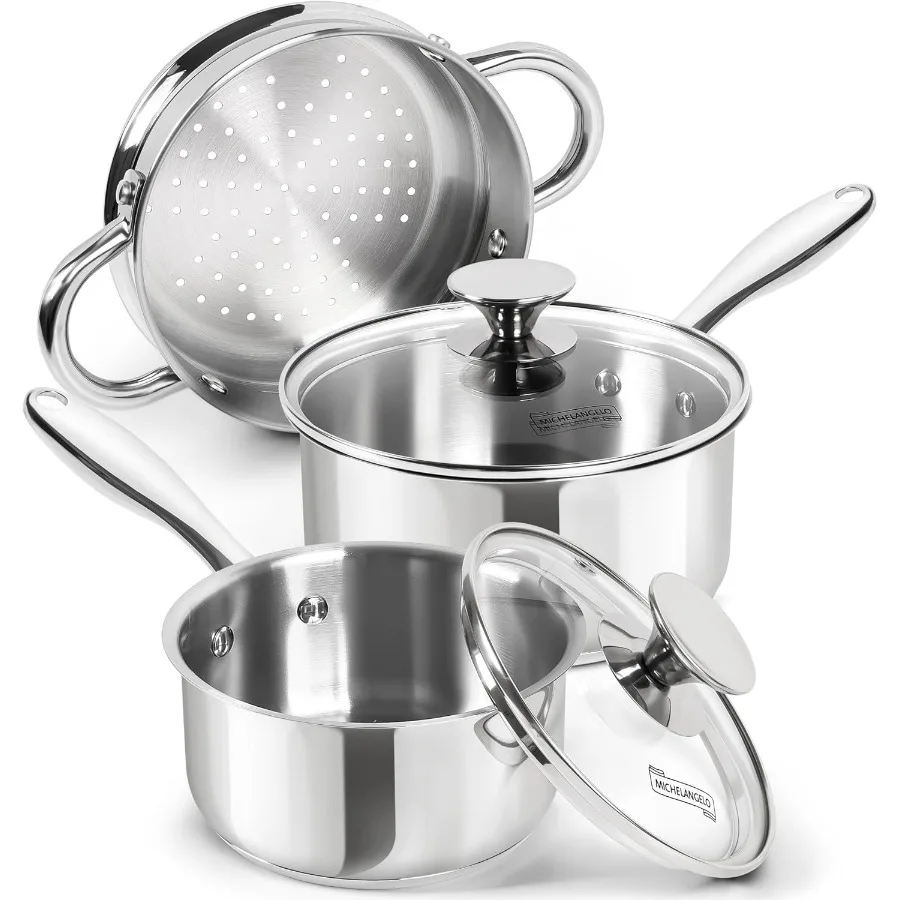 

Stainless Steel Saucepans with Steamer 5Pcs 18 10 Saucepan Set with Glass Lids Sauce Pot Set with Triply Bottom Induction Compa