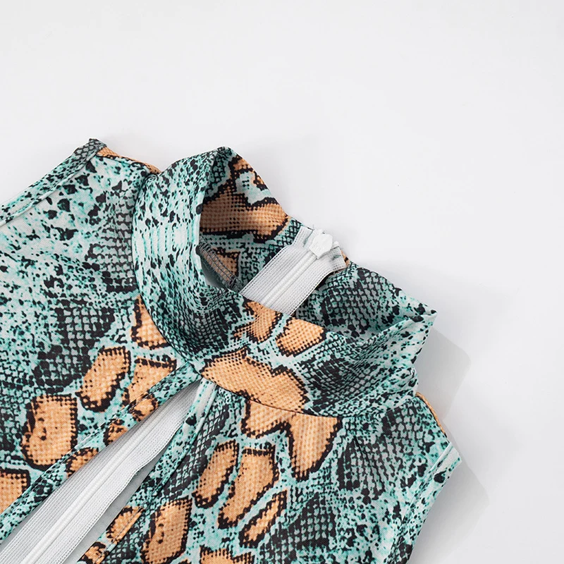 섹시한 홀로우 아웃 스네이크스킨 프린트 파티 점프수트 여성용 봄 가을 민소매 터틀넥 슬림 클럽웨어 바디콘 롬퍼 캣수트