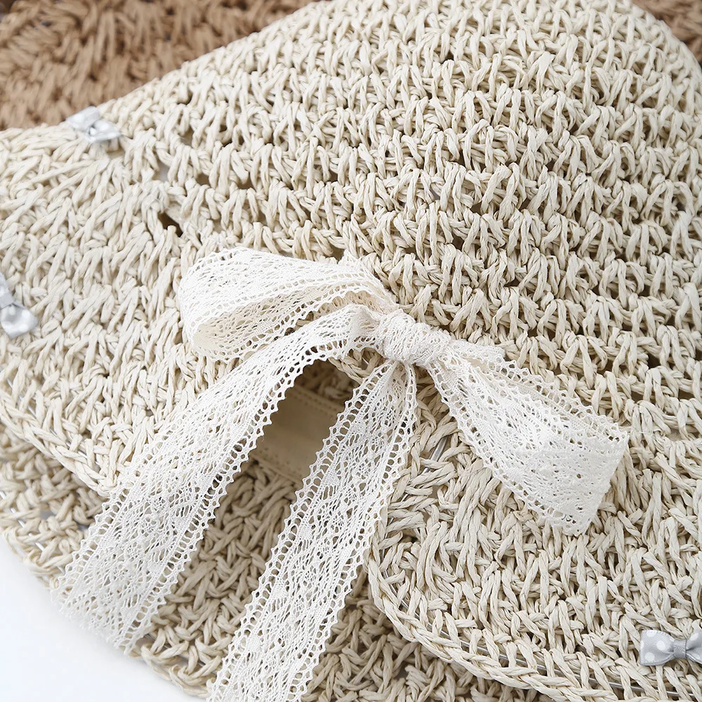 หมวกถังหญิงหมวกฤดูร้อนสําหรับผู้หญิงที่มีโบว์พับม่านบังแดดกลางแจ้งหวานอาทิตย์หมวกลําลอง Sunhat