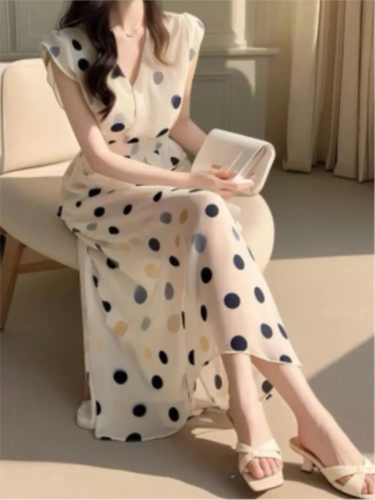 Fashion New Women Vintage Polka Dot Midi Dress Sleeveless Casual A-Line Party Prom Chic Vestidos Female Elegant Long Robe Mujers