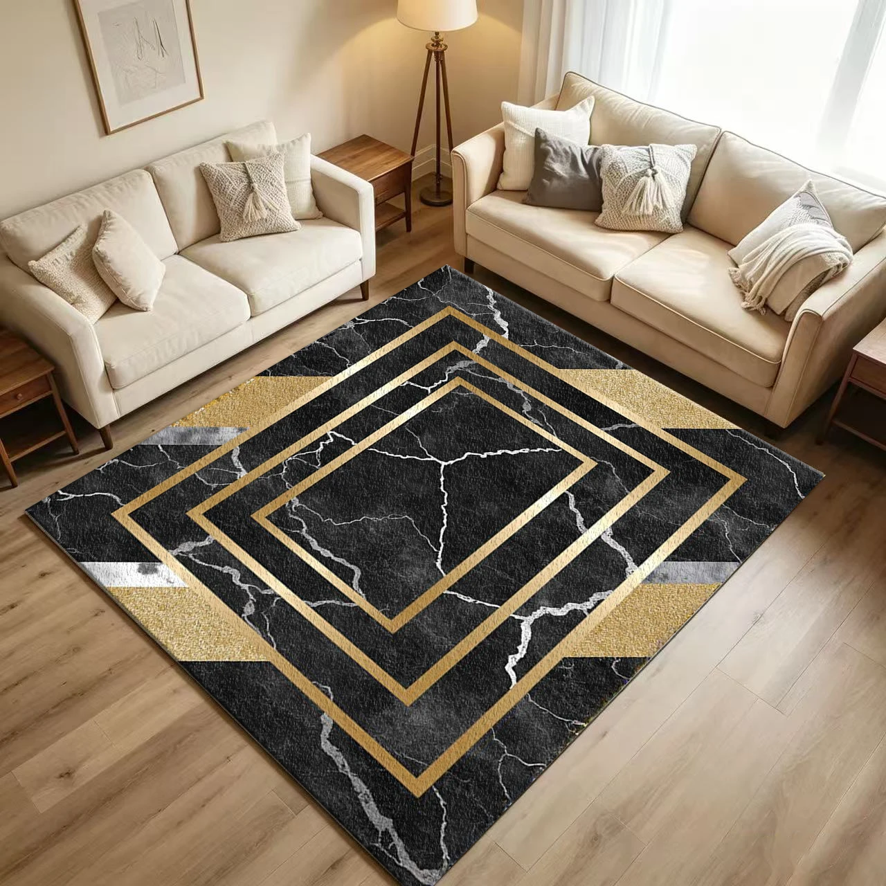 Luxury Black Marble Gold Geometric Frame Carpet Flooring Modern Glitter Metal Rectangle Border Texture Art Pattern Printed Floor Rug for Household Indoor Glam Home Decoration
