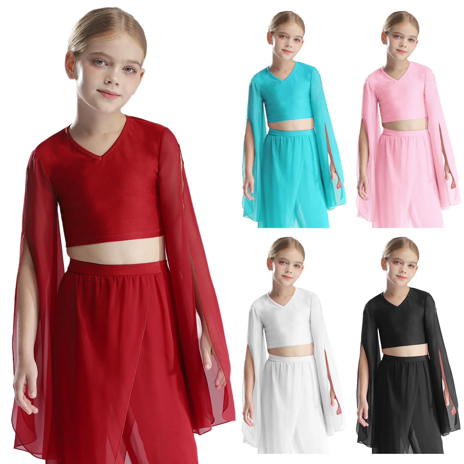 Kids Girls Lyrical Dance Crop Tops Flared Sleeves Shirt for Figure Skating Ballet Dance Gymnastics Workout Stage Performance