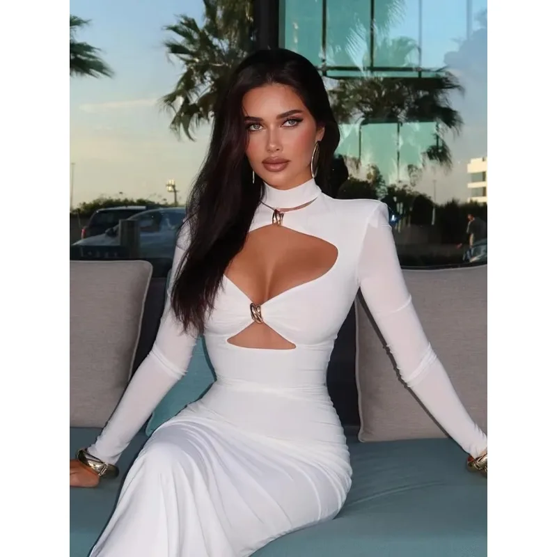 فستان أنيق بياقة مدورة، فستان طويل مثير بفتحات واسعة مع أكمام طويلة للحفلات المسائية
