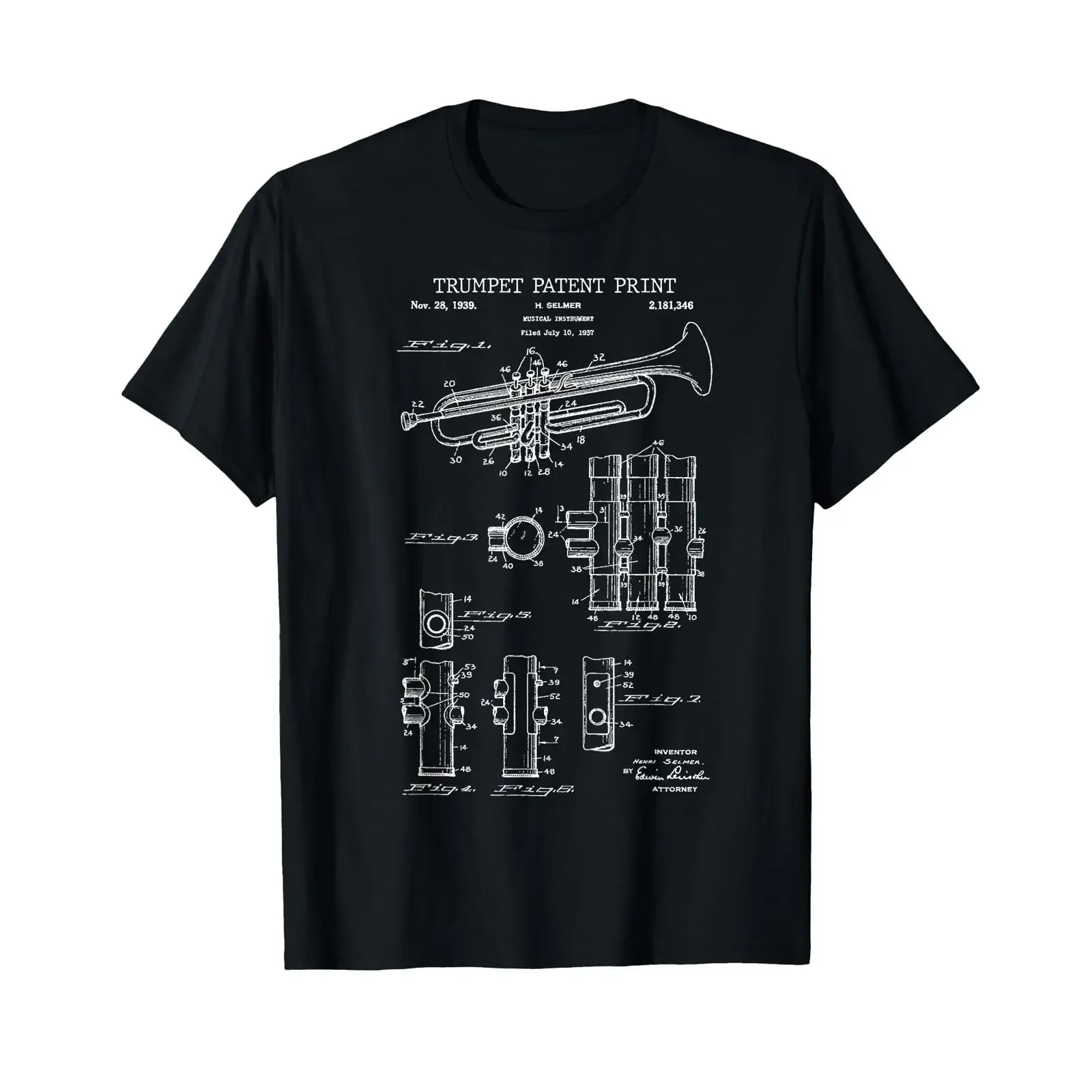 Trumpet Patent Print 1939 Vintage Music T Shirt vintage Washed Top For Everyday Wear Versatile fashion Stretched graphic