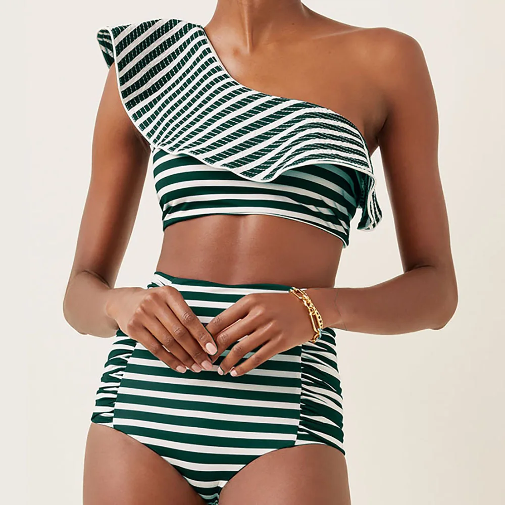 Women Two Pieces Swimsuit One Shoulder Ruffle Split Lace Up Swimwear High Waist Hollow Out Swimming Costume Summer Beach Bikini