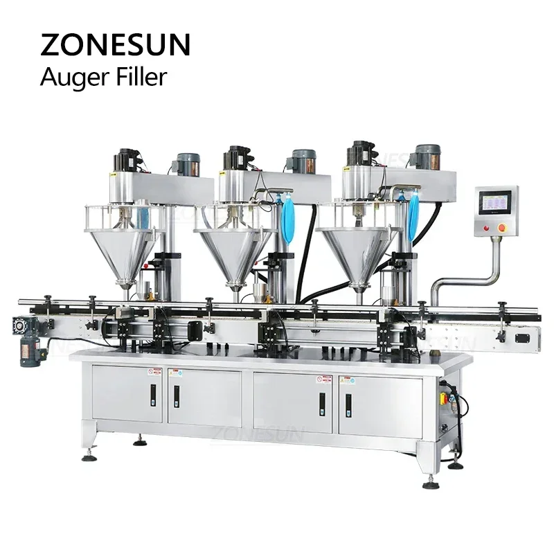 ZONESUN ZS-FM4A Riempitrice servo coclea a 3 teste per farina, latte in polvere, peperoncino, cacao e barattoli di bottiglie di caffè macinato
