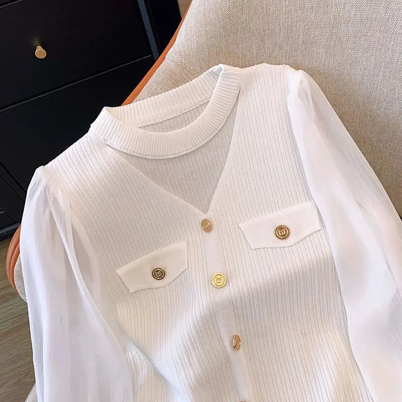 Knitting Patchwork Chiffon Slit Hem Blouse Spring Long Sleeve V Neck Solid Elegant Shirt Tops Fashion Temperament Women Clothing