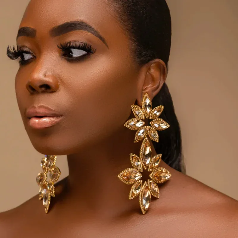 CuiEr 13cm Clip earring Grandiose of atmospheric luxury women earrings for wedding jewelry drop rhinestone earring fashion show