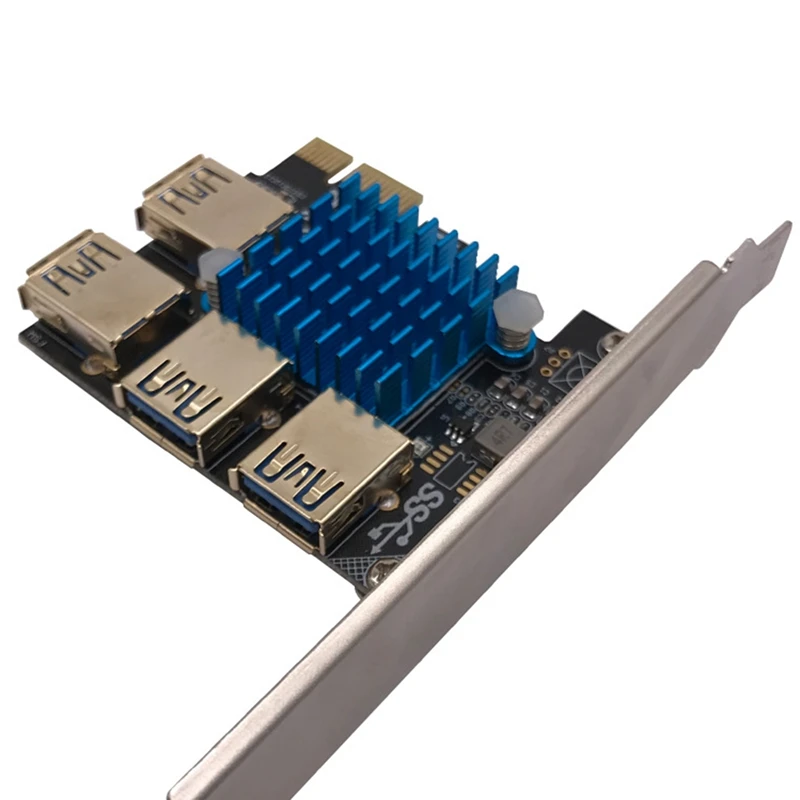 Karta Pcie 1 na 4 PCI Express Riser, karta adaptera 1 na 4 USB 3.0 z dużym radiatorem, PCI-E 1X na zewnętrzne 4 USB 3.0