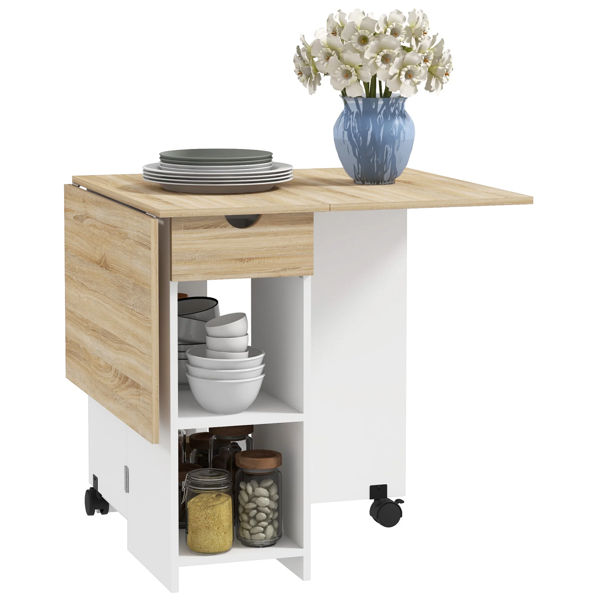 HOMCOM Mesa de Cocina Plegable con Ruedas Alas Abatibles Cajón y Estantes para 2-4 Personas 120x72x75 cm