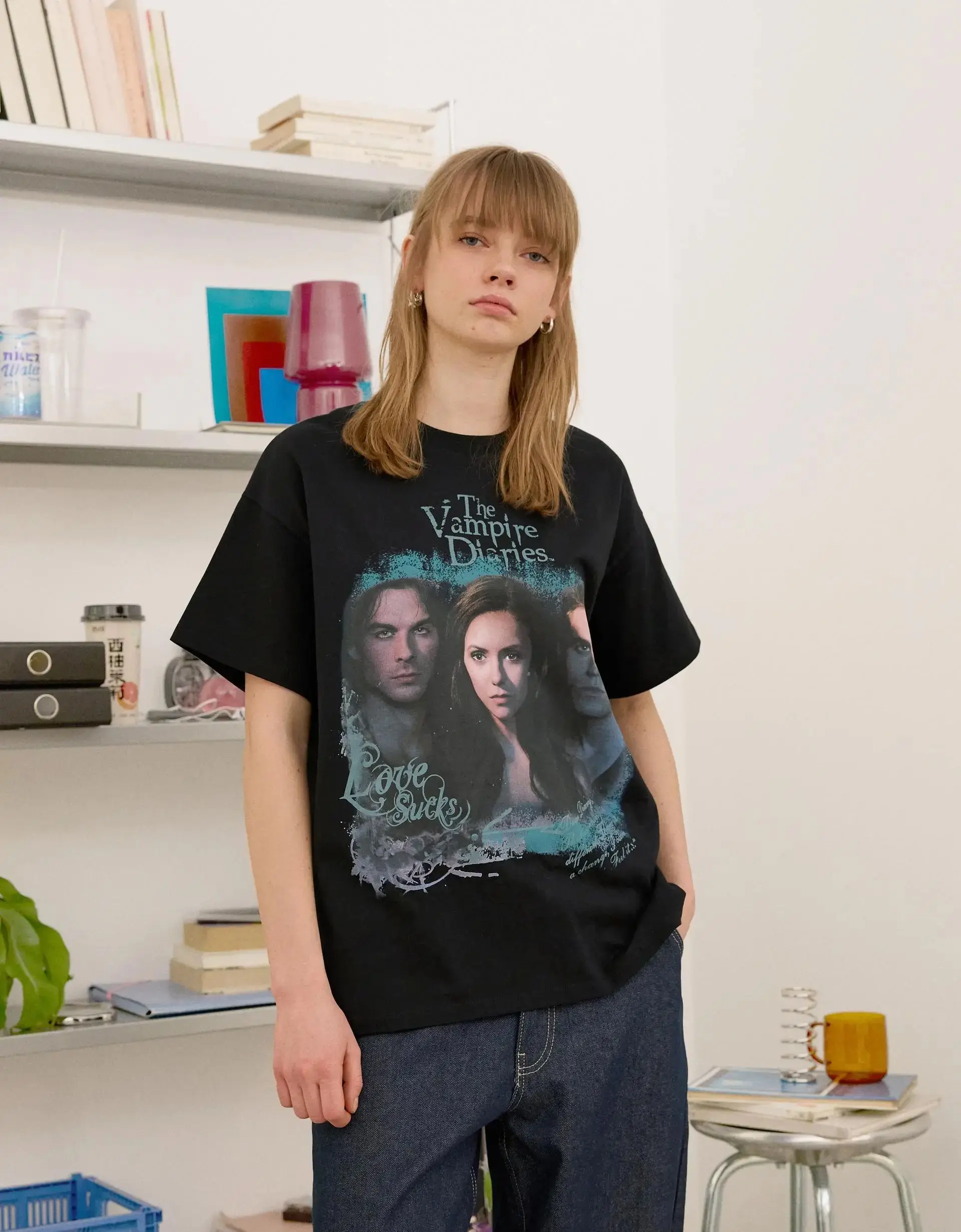 Y2k تي شيرت يوميات مصاص الدماء قصيرة الأكمام موضة العلامة التجارية الهيب البوب تي شيرت المتضخم Y2k قصيرة الأكمام عالية قطنية عالية المحملة