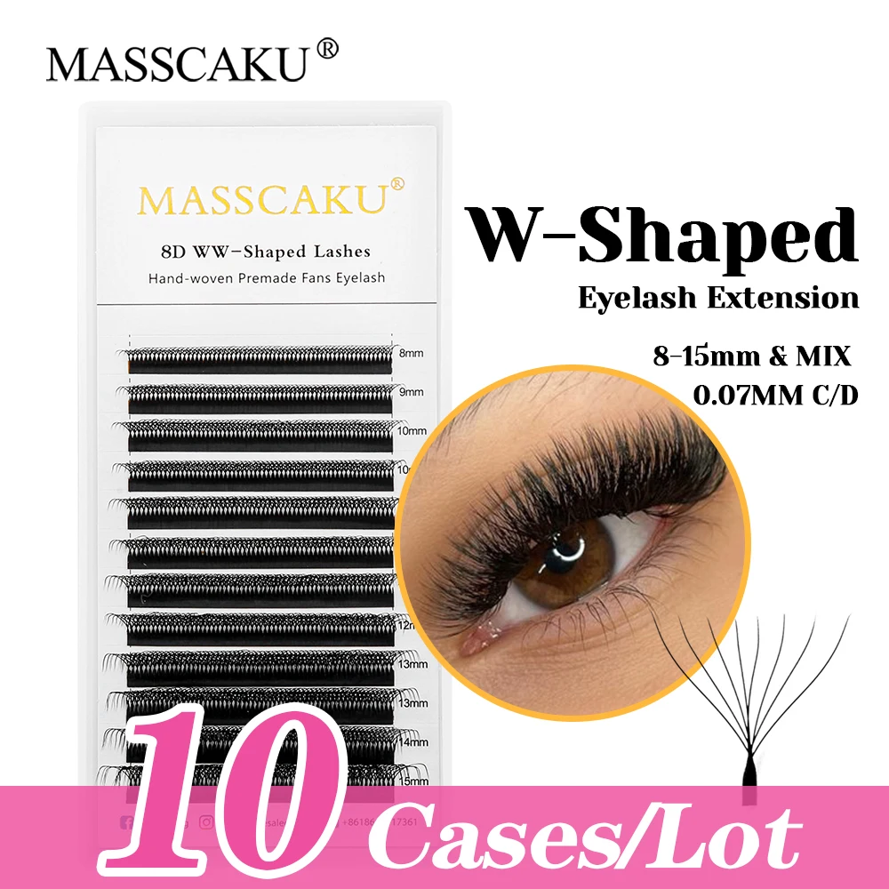 Factory Wholesale MASSCAKU 10cases/lot Easy Fanning W Design Eyelash 8-15mm and Mix Length Ribbon Fluffy Volume Lashes Supplies