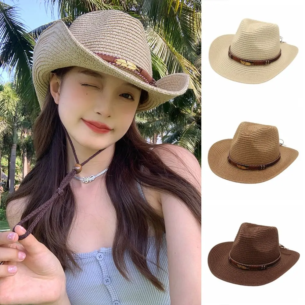 

Vintage Summer Western Cowboy Hats Wide Brim Vacation Straw Cowgirl Hat Travel Hiking Sunscreen Visor Cap Unisex