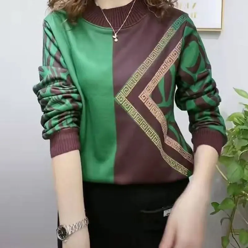 

Women's 2025 Vintage Geometric Printed Patchwork T-shirt Autumn Winter Fleece Warm Fashion Diamonds Half High Collar Pullovers