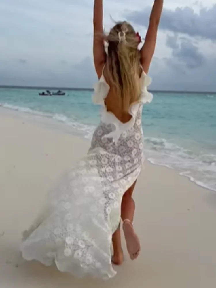 Chic Knit Hollow Out Maxi Dress Ruffles Edge Off Shoulder Party Long Robes Side Hem High Fork Club Vestidos 2025 Women Vestidos