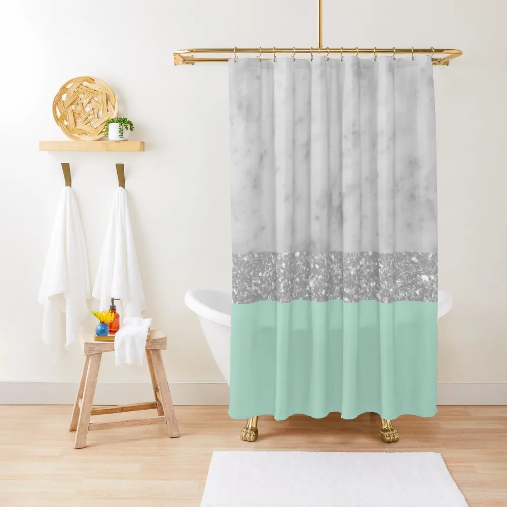 

White Marble Mint Silver Glitter Stripe Glam #1 (Faux Glitter) #minimal #decor #art Shower Curtain