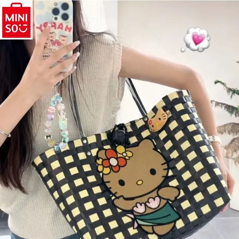 MINISO Hello Kitty High Quality Woven Handmade Large Capacity Vegetable Basket Bag for Women Sweet and Versatile Beach Bag