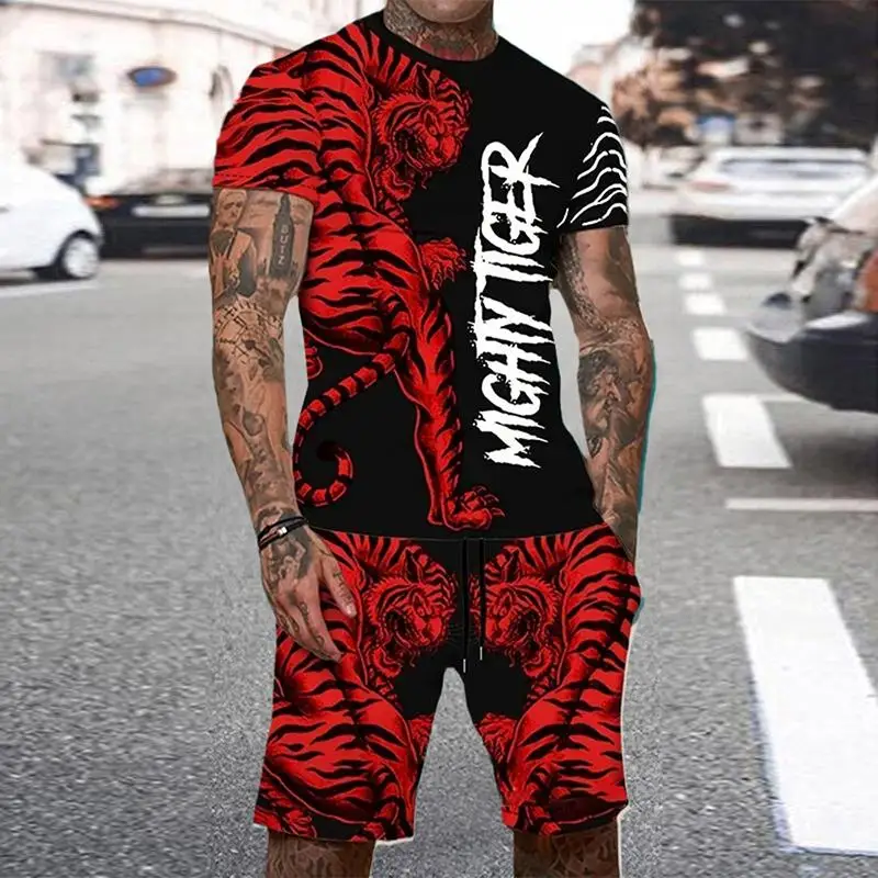 

Men's Animal Tiger Tracksuit 3D Print Beach Suits Casual O-Neck Short Sleeve T-Shirt Shorts Sets Sportswear Men 2pcs Clothing