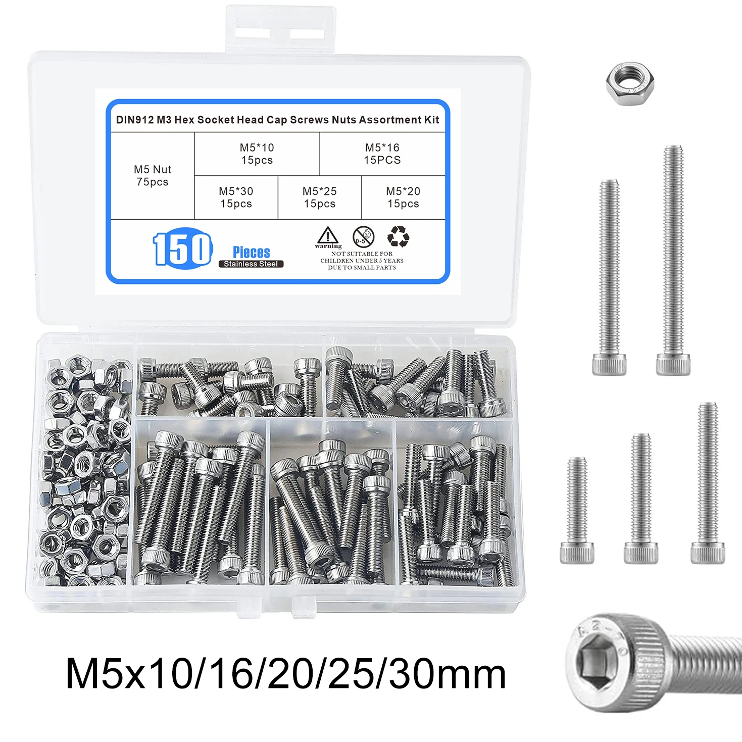 Picture 3: 150 Pcs M5 Screw Assortment Metric Hex Socket Head Cap Screws Nuts Kit with Hex Wrench, Stainless Steel